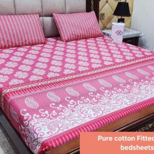 Premium Pure Cotton Fitted Bedsheet – Export Quality, Full Printed, 3-Piece Set